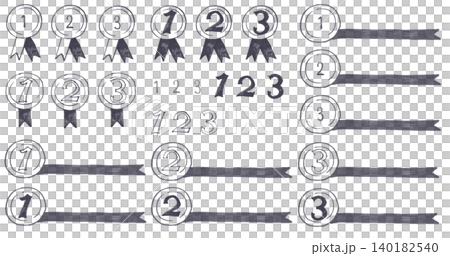 じんわりしたマーカーで描いたランキングセットメダルデザイン数字付きモノクロ じんわりしたマーカーで描いたランキングセットメダルデザイン数字付きモノクロ 140182540