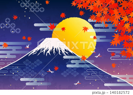 紅葉と富士山と満月のイラスト2_横 140182572