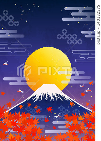 紅葉と富士山と満月のイラスト3_縦 140182575