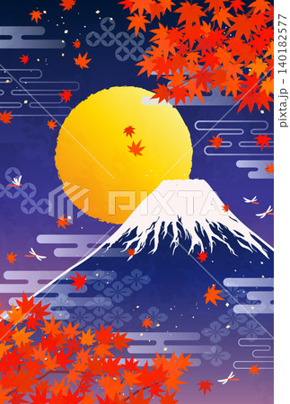 紅葉と富士山と満月のイラスト4_縦 140182577
