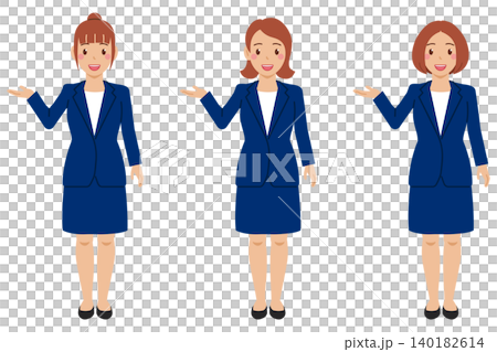 [全身] 「こちらへ」とカットソーにネイビースカートスーツの若い女性 140182614