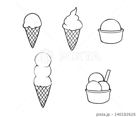 モノクロのアイスクリームセット シンプルな夏のスイーツ素材 線画 モノクロのアイスクリームセット シンプルな夏のスイーツ素材 線画 140182628