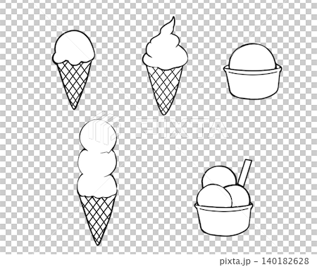 モノクロのアイスクリームセット シンプルな夏のスイーツ素材 線画 モノクロのアイスクリームセット シンプルな夏のスイーツ素材 線画 140182628