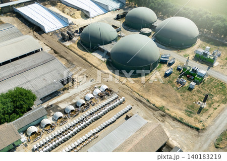 Aerial view of biogas plant for biomethane production Aerial view of biogas plant for biomethane production 140183219
