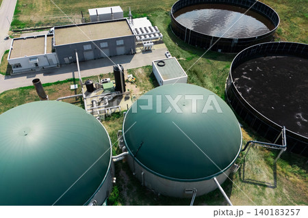 Aerial view of biogas plant with electric power station. Aerial view of biogas plant with electric power station. 140183257