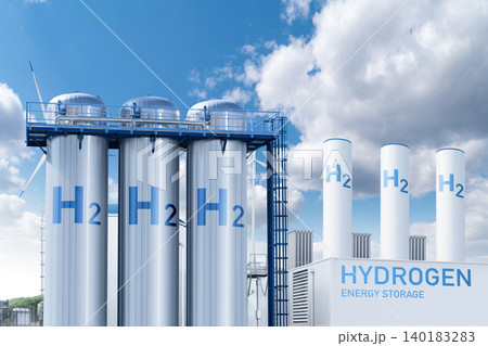Green hydrogen factory concept. Hydrogen production from renewable energy sources.. 140183283