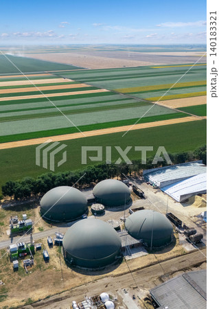 Aerial view of biogas plant for biomethane production. Aerial view of biogas plant for biomethane production. 140183321