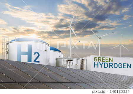Green hydrogen factory concept. Hydrogen production from renewable energy sources. 140183324