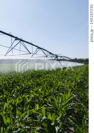 Agricultural pivot irrigation system on a corn field. Agricultural pivot irrigation system on a corn field. 140183330
