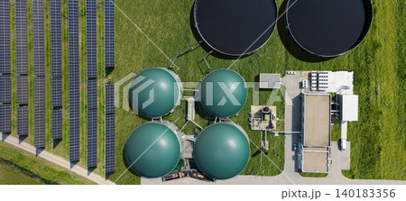 Aerial view of biogas plant using renewable energy for biomethane production. 140183356