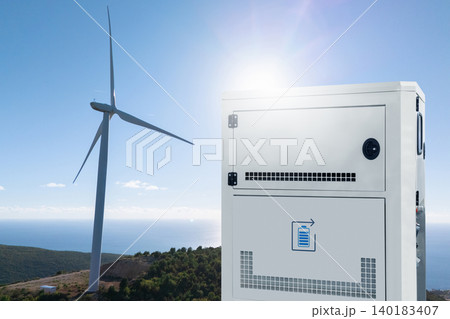 Wind turbines with energy storage. Wind turbines with energy storage. 140183407