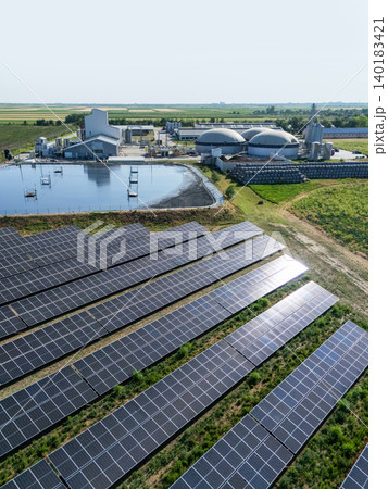 Aerial view of biogas plant using renewable energy for biomethane production Aerial view of biogas plant using renewable energy for biomethane production 140183421