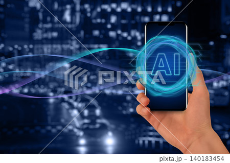 Hand with smartphone with symbol of Artificial intelligence technology. 140183454