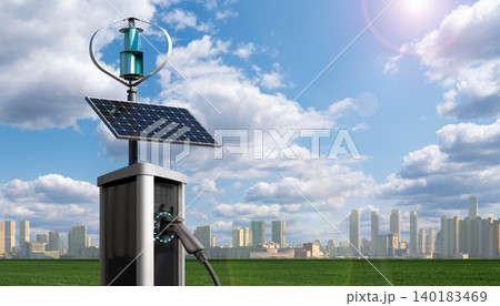Electric vehicle charging station with built-in solar panel and wind turbine Electric vehicle charging station with built-in solar panel and wind turbine 140183469