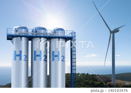 Green hydrogen factory concept. Hydrogen production from renewable energy sources. 140183476