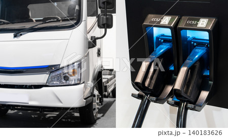 Electric vehicles charging station on a background of a truck. Electric vehicles charging station on a background of a truck. 140183626
