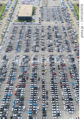 Aerial view of a storage facility for new cars. Aerial view of a storage facility for new cars. 140183658
