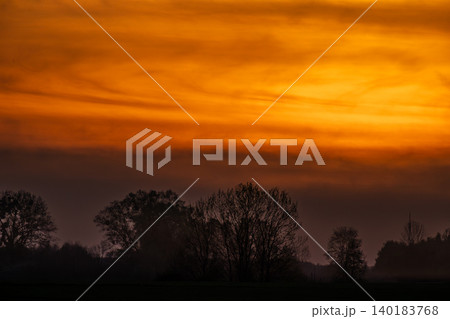 Orange sunset sky over silhouetted trees with atmospheric glow 140183768