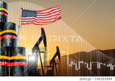 Oil barrels with Venezuela oil and USA flag on a background of oil rigs 140183894