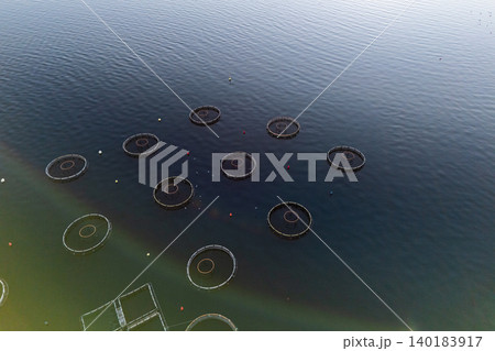 Aerial view of a fish farm located in a calm coastal bay, with floating cages arranged on the water surface. Aerial view of a fish farm located in a calm coastal bay, with floating cages arranged on the water surface. 140183917