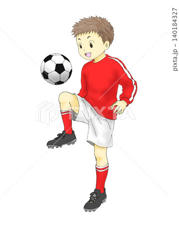 サッカーのリフティングをする男の子 イラスト 赤ユニフォーム 140184327