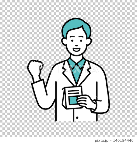 薬袋を持ってガッツポーズをする男性薬剤師 140184440