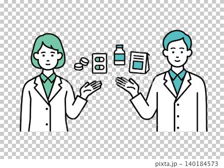 Male and female pharmacists explaining medications Male and female pharmacists explaining medications 140184573