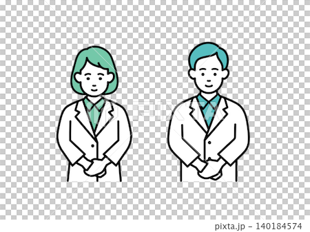A male and female pharmacist bowing. A male and female pharmacist bowing. 140184574