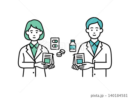 薬を紹介する男女の薬剤師 薬を紹介する男女の薬剤師 140184581
