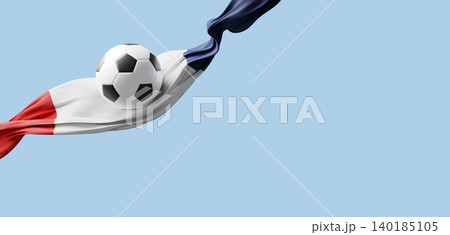 Football with french flag ribbon flowing isolated on light blue background with copy space 3D render 140185105