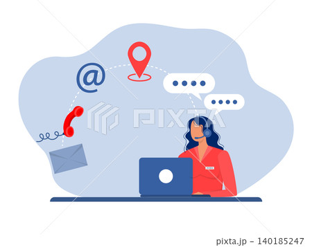 Business woman customer service agent with a headset working on a laptop, website or email, chat message or address, map location pin or client support, help assistance concept 140185247