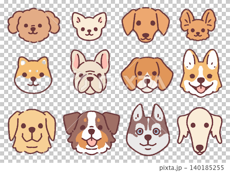 A set of illustrations of various dog faces, including Chihuahuas, Toy Poodles, Shiba Inus, French Bulldogs, Corgis, Golden Retrievers, Huskies, and more. 140185255