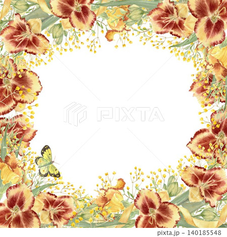 A hand-painted watercolor square frame with red and yellow daylilies, gypsophila branches, and butterflies on an isolated background. Bright summer botanical clip art for design with space for text A hand-painted watercolor square frame with red and yellow daylilies, gypsophila branches, and butterflies on an isolated background. Bright summer botanical clip art for design with space for text 140185548