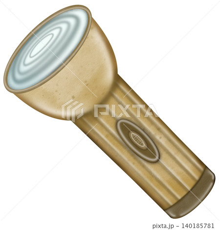Cartoon style brown flashlight emitting bright light, for outdoor. Tourism protection. Adventure, hiking.	 140185781