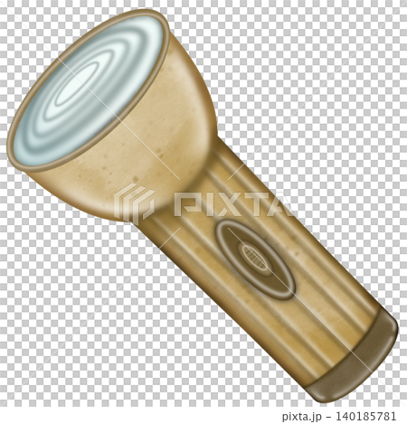 Cartoon style brown flashlight emitting bright light, for outdoor. Tourism protection. Adventure, hiking.	 140185781