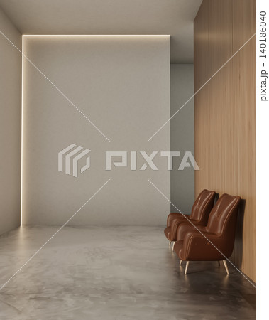 Brown leather sofa chairs on grey cement stone floor in hallway corridor in waiting zone of building Brown leather sofa chairs on grey cement stone floor in hallway corridor in waiting zone of building 140186040