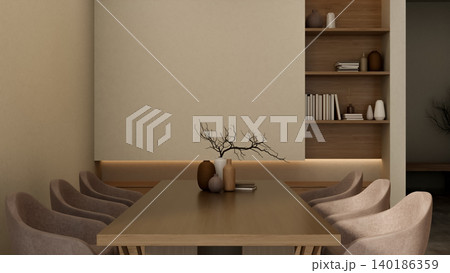 Book and vases on wooden table and curved chairs beside recessed shelf in modern living room or cafe Book and vases on wooden table and curved chairs beside recessed shelf in modern living room or cafe 140186359