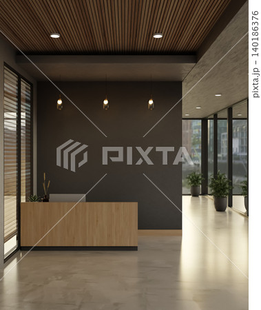 Wooden reception counter on marble floor in front of black wall with hanging lamp in modern building Wooden reception counter on marble floor in front of black wall with hanging lamp in modern building 140186376