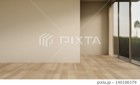 Empty warm white wall over wooden parquet floor in modern room with slide glass door to green garden Empty warm white wall over wooden parquet floor in modern room with slide glass door to green garden 140186379