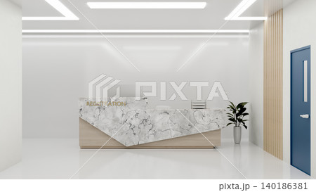Marble registration reception counter in shiny white room with blue door in academy club building. Marble registration reception counter in shiny white room with blue door in academy club building. 140186381