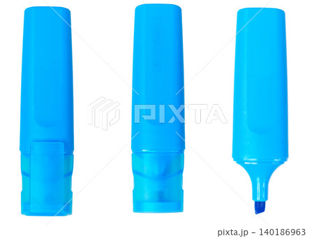 Set of three blue neon highlighter markers shown in different states: with cap on, cap on the back, and open with the chisel tip visible. Isolated on a white background 140186963