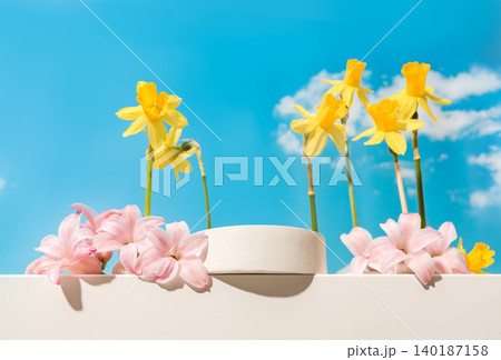 Bright spring product display scene featuring a white oval podium surrounded by blooming yellow daffodils and pink hyacinth flowers against a vibrant blue sky 140187158