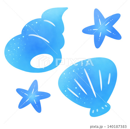 青色の巻貝とヒトデと貝殻のセットイラスト 青色の巻貝とヒトデと貝殻のセットイラスト 140187383