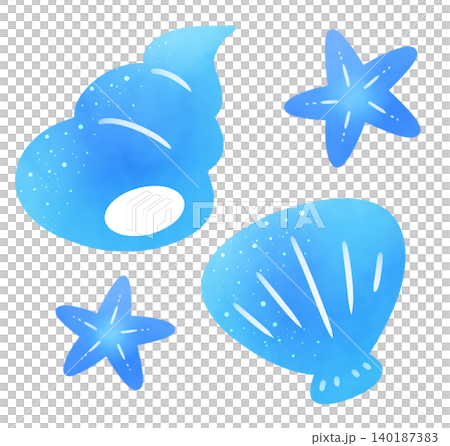 青色の巻貝とヒトデと貝殻のセットイラスト 青色の巻貝とヒトデと貝殻のセットイラスト 140187383