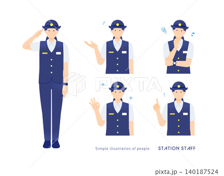 敬礼・案内・ひらめき・悩み 夏服の女性駅員ポーズイラストセット 敬礼・案内・ひらめき・悩み 夏服の女性駅員ポーズイラストセット 140187524