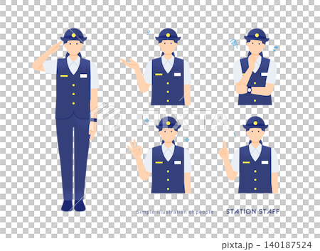 一組插圖，描繪了身著夏季制服的女車站工作人員擺出各種姿勢：敬禮、引導、鼓舞人心、擔憂。 140187524