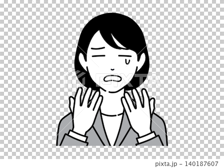 A monochrome illustration of a young woman in a suit crying in shock. 140187607