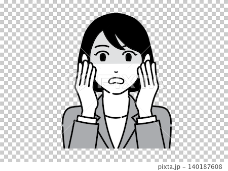 A monochrome illustration of a young woman in a suit, looking agitated with both hands covering her face. A monochrome illustration of a young woman in a suit, looking agitated with both hands covering her face. 140187608