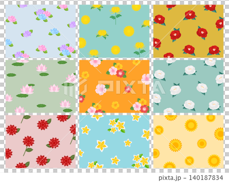 A set of 9 retro-pop Japanese and Western floral pattern backgrounds. A set of 9 retro-pop Japanese and Western floral pattern backgrounds. 140187834