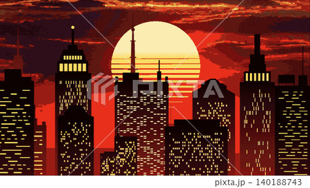 8-bit metropolis and skyscrapers at sunset. Retro pixel background. 8-bit metropolis and skyscrapers at sunset. Retro pixel background. 140188743